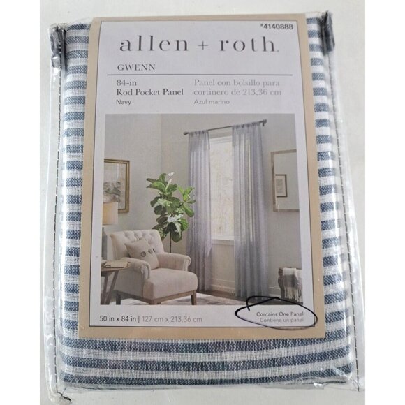 NEW Allen + Roth Curtain Panel Gwenn Striped Navy Blue White Rod Pocket 50x84 - Picture 1 of 3